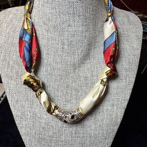 Elegant Silk Scarf Necklace with a Vintage Slide